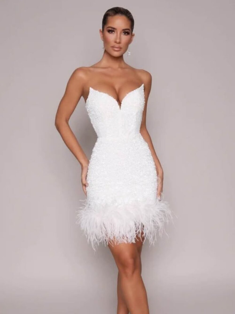 NWT Moda Glam Ziva Strapless Sequin Mini Dress w/ Feather Trim